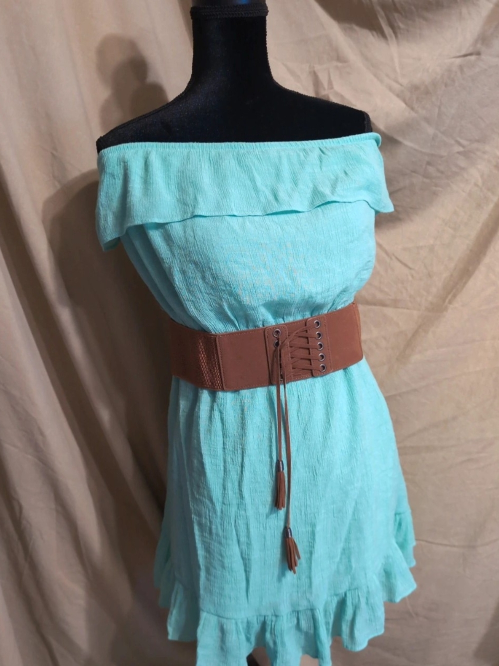 No Boundaries Turquoise Off-Shoulder Dress with Brown Wide Waist Belt